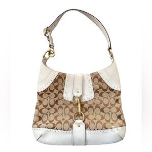 Coach Canvas and Leather Shoulder Bag - Cream and Brown Hampton hobo